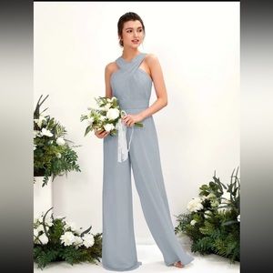 Carlyna Hilona Chiffon Wide-Leg Formal Jumpsuit Dusty Blue Size 2